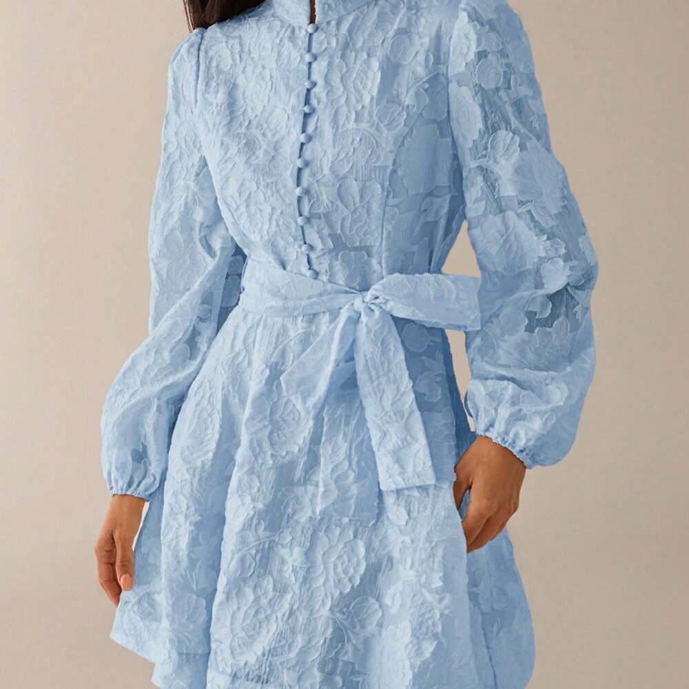 Baby Blue Elegant Women's A-Line Puff Sleeve Short Dress with Stand Collar - Picture 4 of 7